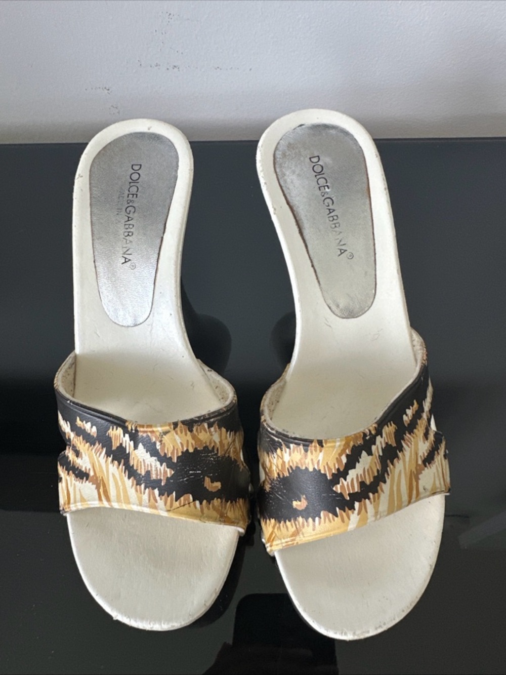 Dolce & Gabbana White and Brown Animal-Print Slide Mules